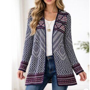 Kasper Women's Open Front Cardigan Sweater Size Medium Red Blue Bohemian Layers
